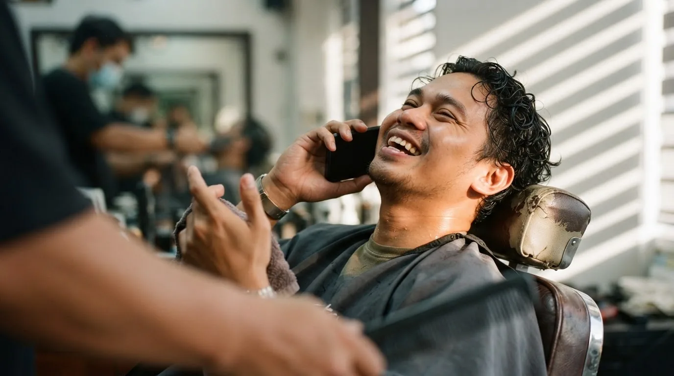 A man laughing on the phone in a barber’s chair, the barber gesturing mid-conversation beside him