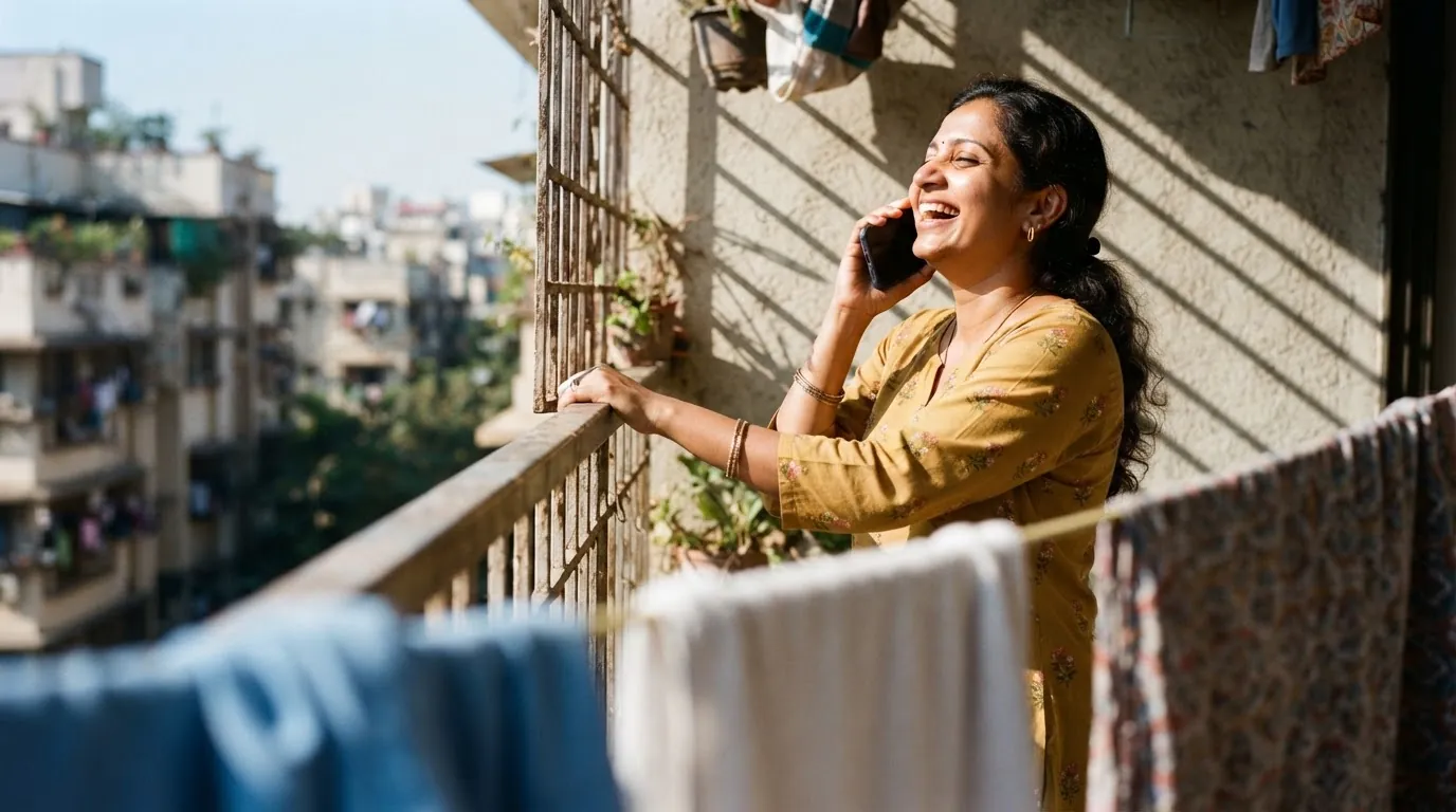 A woman laughing on the phone on her balcony, washing hanging on the line in front of her