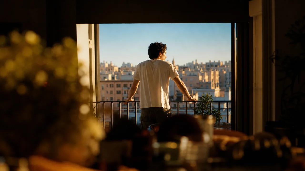 A man on an apartment balcony at golden hour, looking out over the city