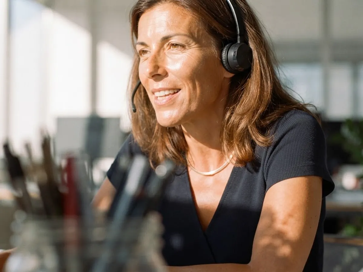Smiling Prefer email? hello@allobrain.com · Press: press@allobrain.com customer relationship expert wearing a headset at her desk in a sunlit office