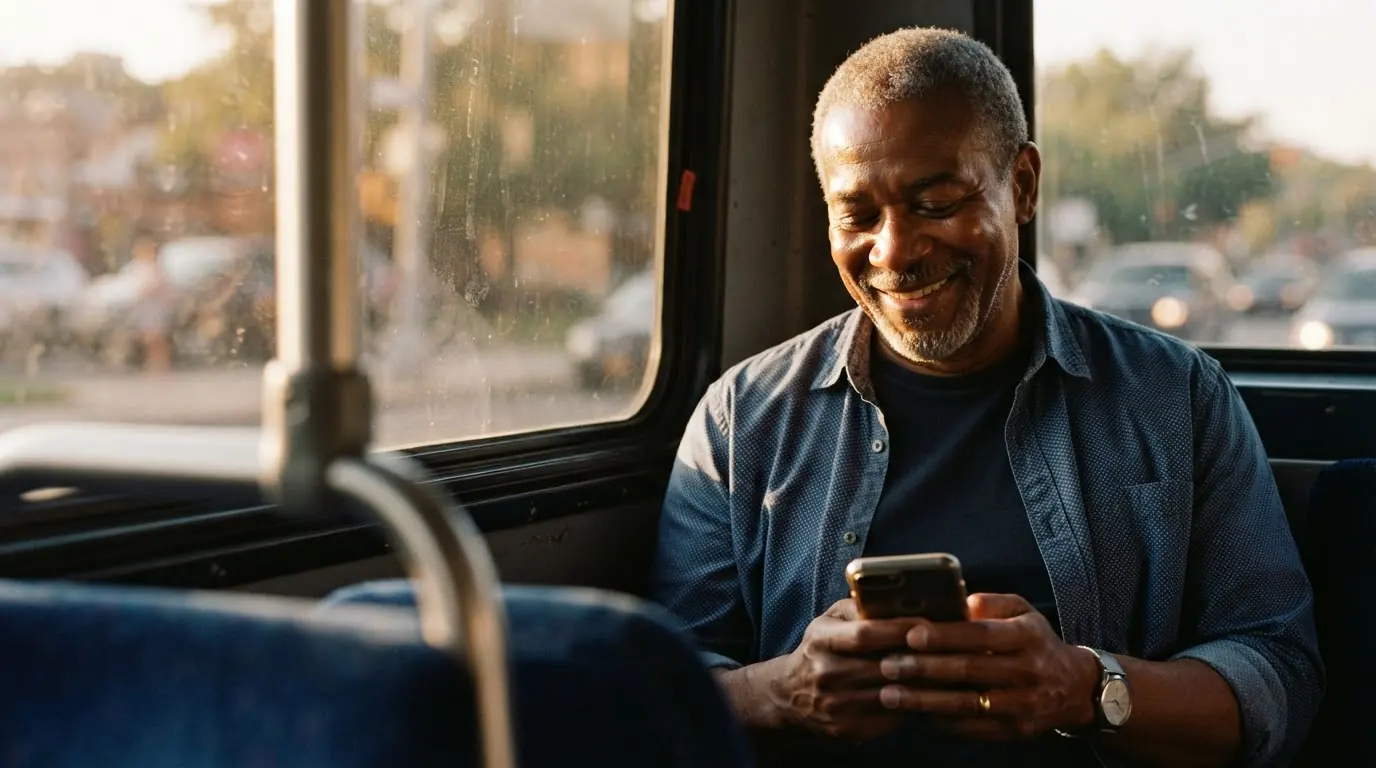 A man smiling at his phone on a sunlit bus, city traffic passing the window behind him