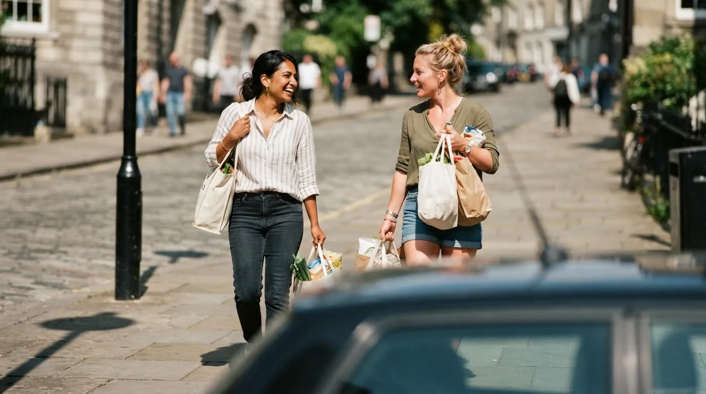 Two friends walking up a sunlit street with shopping bags, mid-conversation
