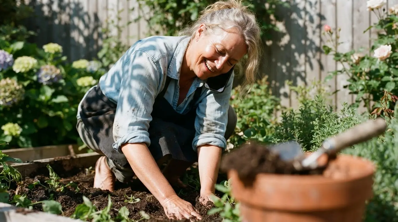 A woman kneeling in a sunlit garden, planting into a terracotta pot